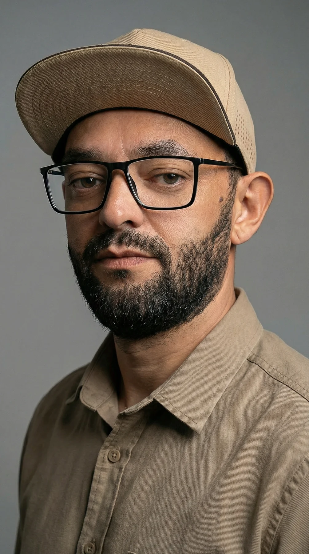 Retrato de César Oliveira, de óculos e boné, com camisa em tom terroso