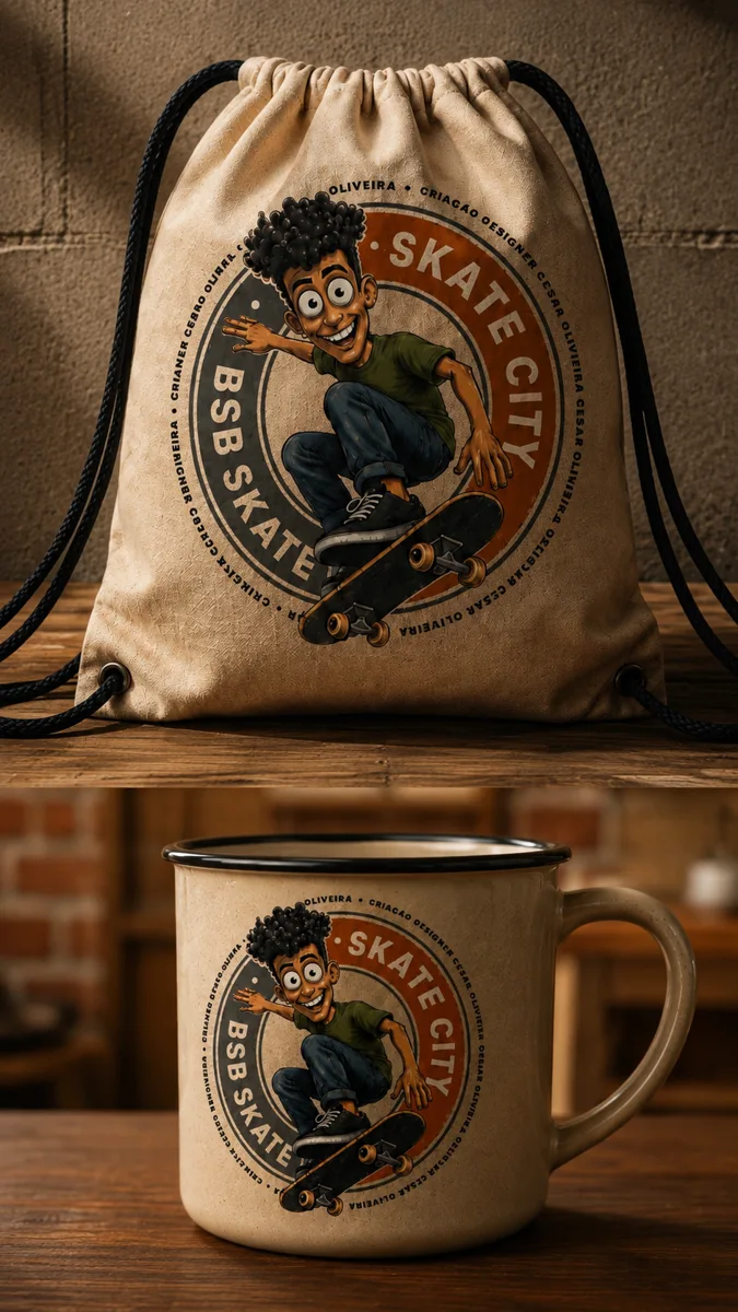 Skate City · Mochila e caneca. Marca e aplicações de identidade visual.