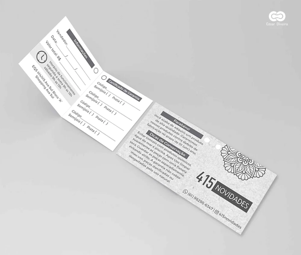415 Novidades · Tag de garantia. Design e identidade aplicados ao impresso.